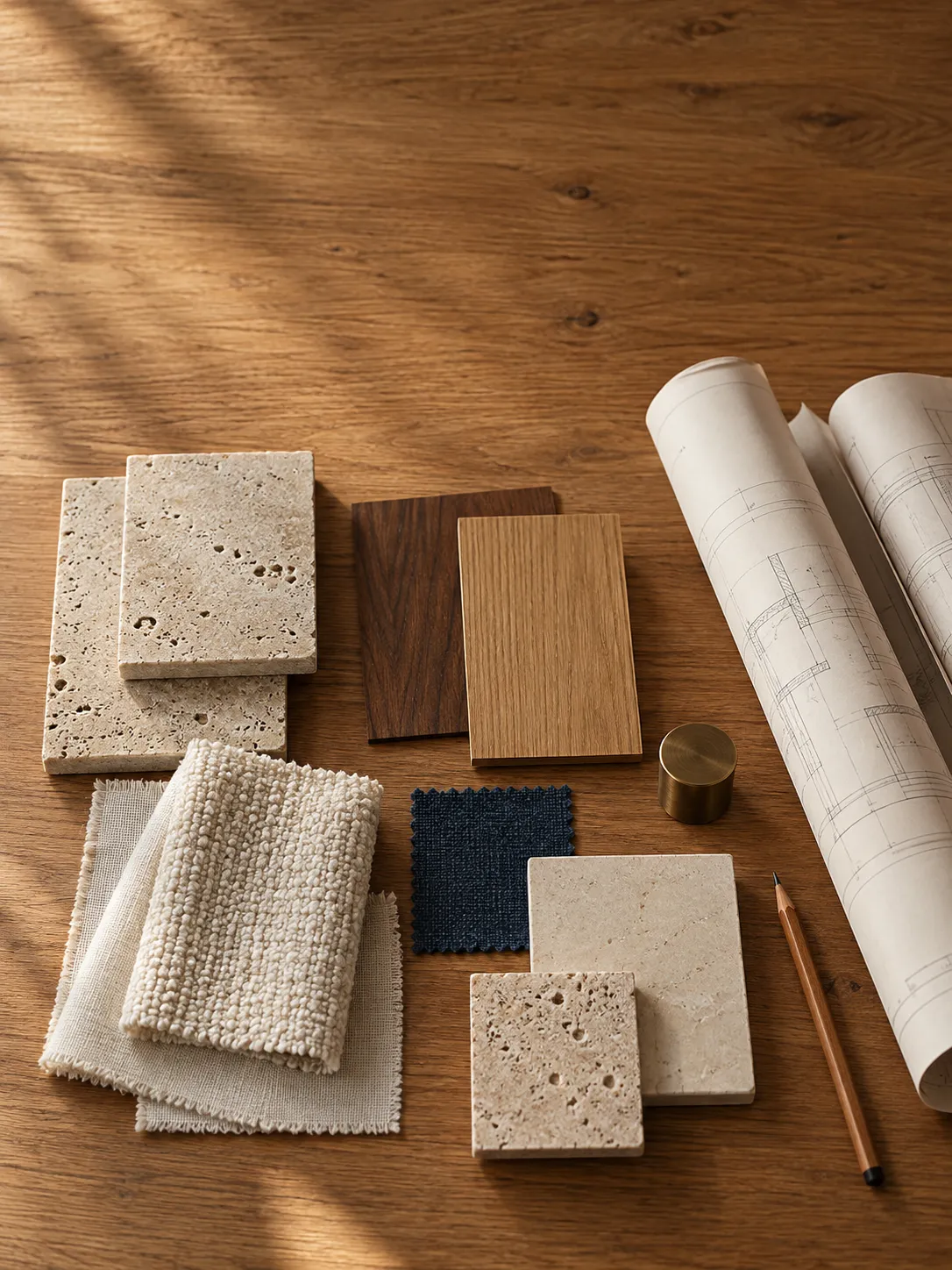 Illustrative image: travertine, oak, walnut, linen and bouclé samples beside architectural drawings on an oak table.